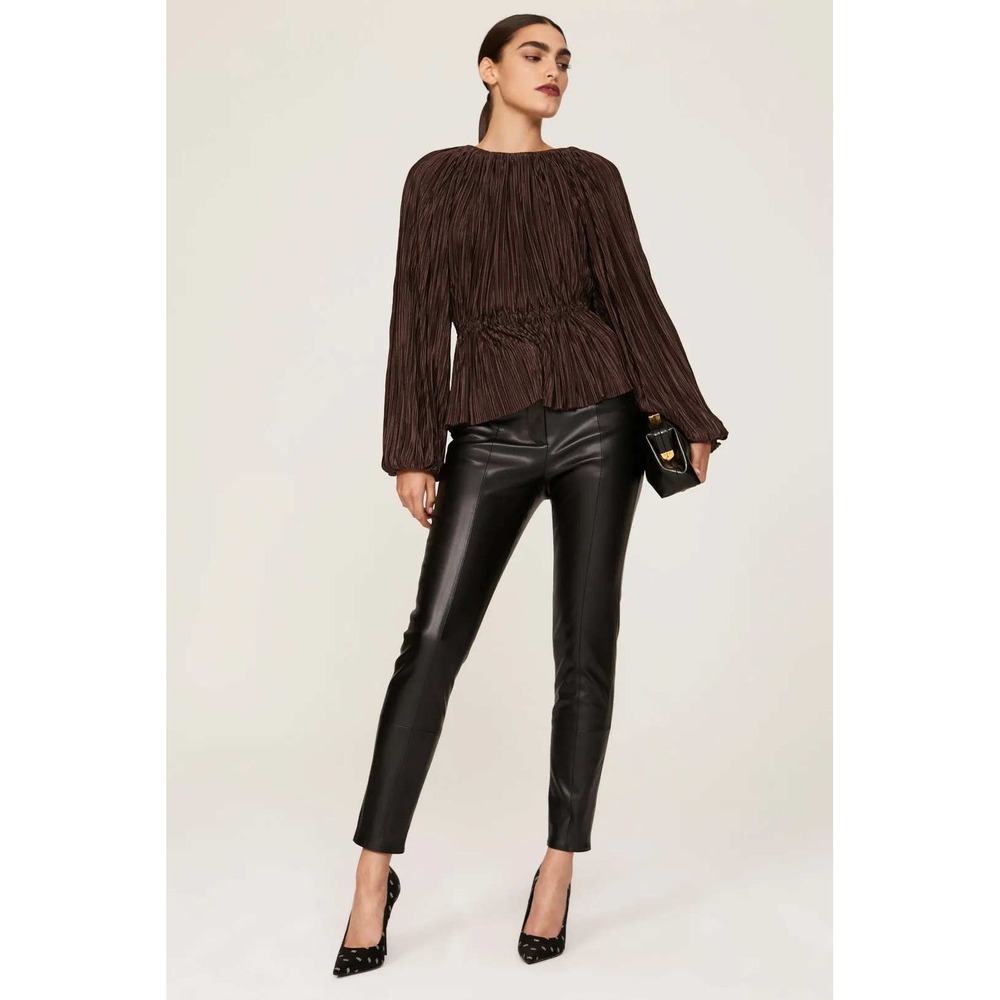 Atlein Collective Brown Pleated Plisse Blouse Metallic Elastic Waist Top XS